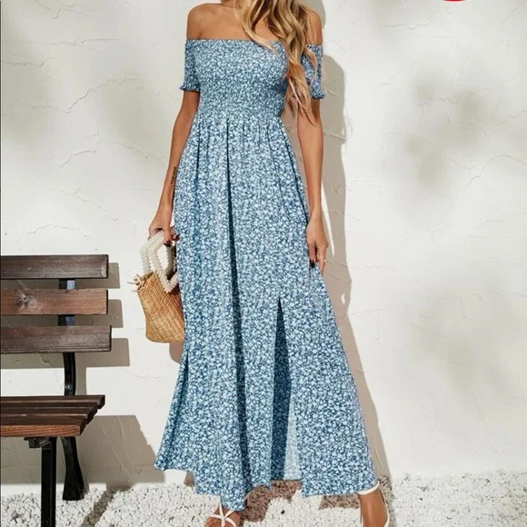 Ditzy Floral Off Shoulder Split Thigh Dress, NWOT - Picture 2 of 3